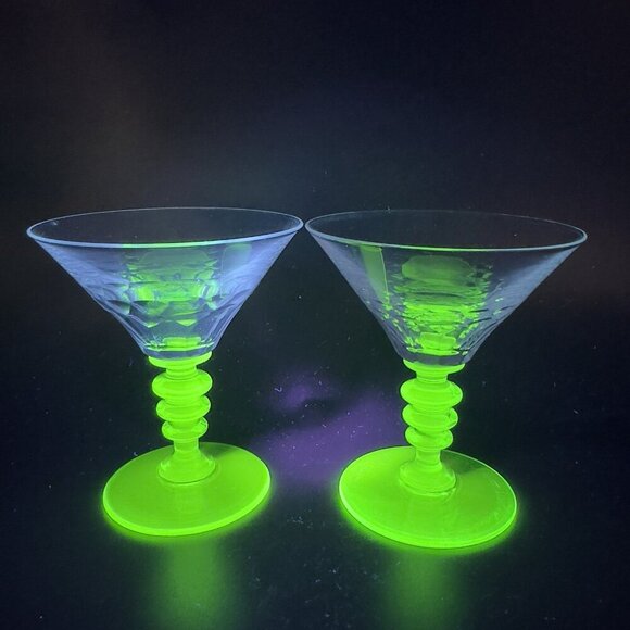 Seneca Theodule Clear Top Green Uranium Stem Optic Cut Top Sherbets Cups Set 2 - Picture 13 of 14